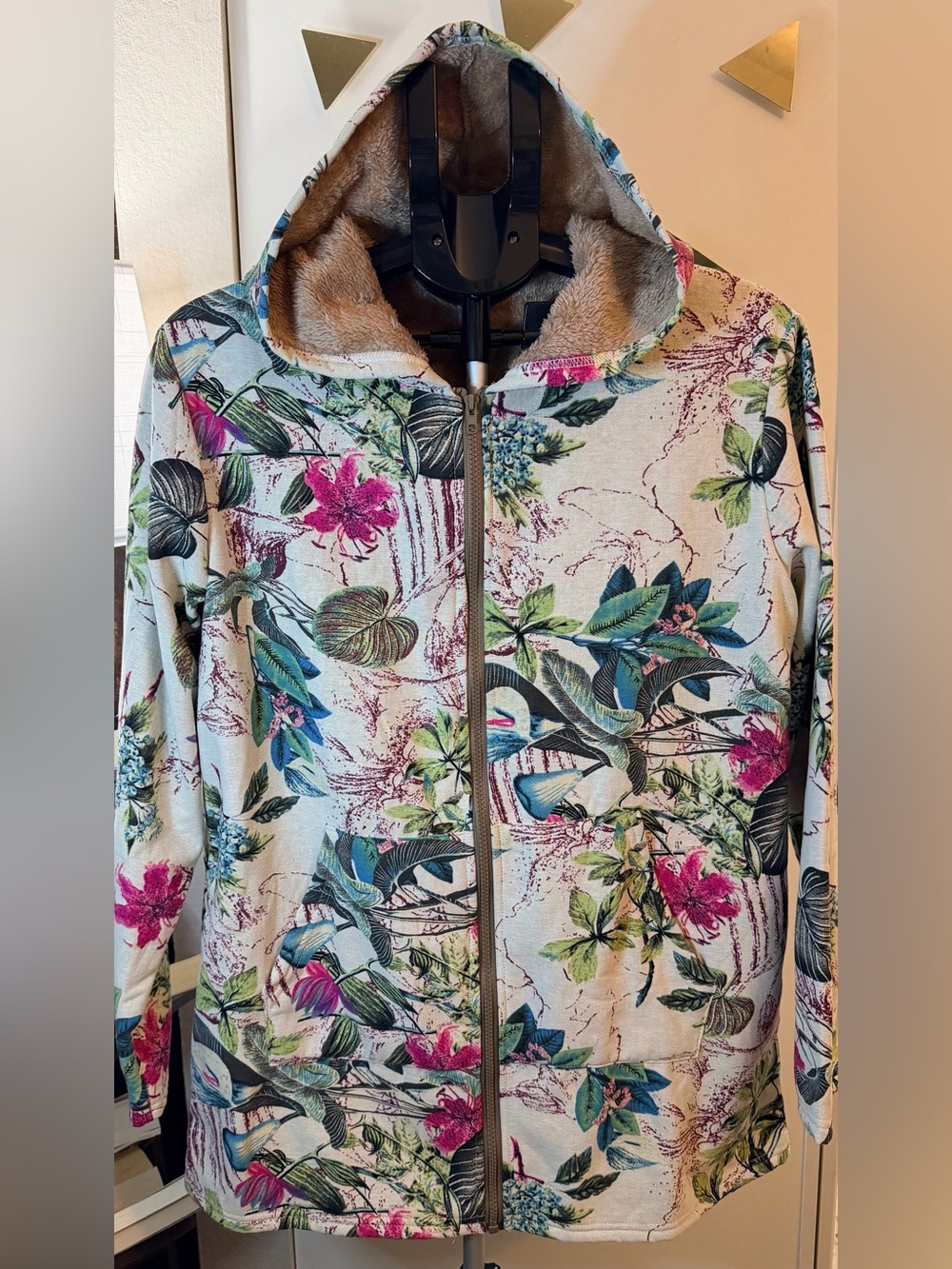 Cozy Soft Boho Light Plant Floral Hooded Zip-up Jacket Tan Fleece Lining Size L - Picture 3 of 13